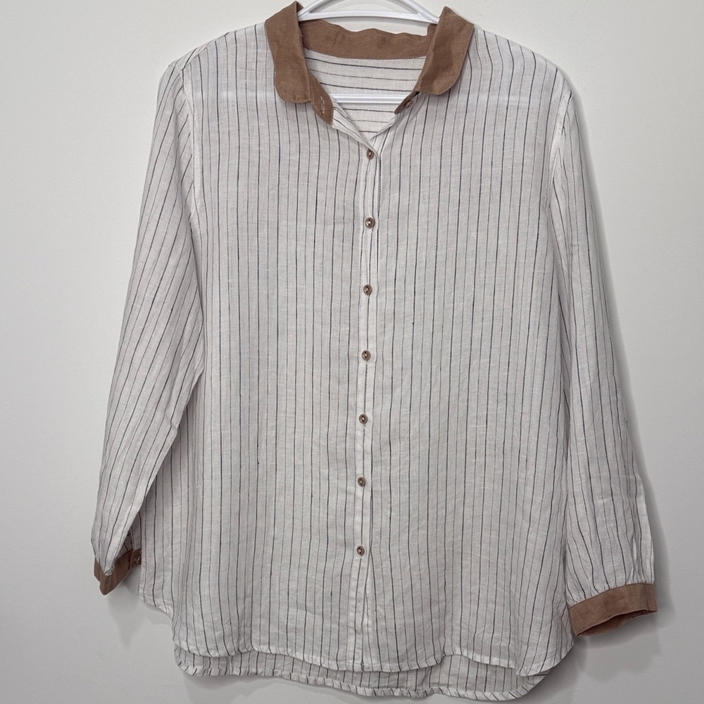 100% linen Striped White and Brown Button-Up Shirt - Picture 2 of 11